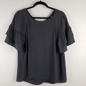 Loft Women's S Double Ruffle Blouse Gray Peasant Top Bow Office Siren Officecore